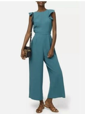 J.Crew Flutter Sleeve Open Back Wide Leg Jumpsuit Teal Green Size 6